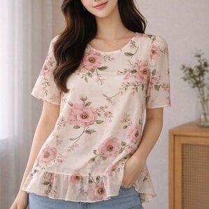 Korean Fashion Woman Top Short Sleeve Blouse Size Medium White Pink Floral